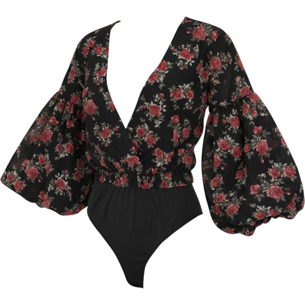 Misspap Floral Extreme Puff Sleeve Plunge Bodysuit Black Red RoseMPP89682-105-18